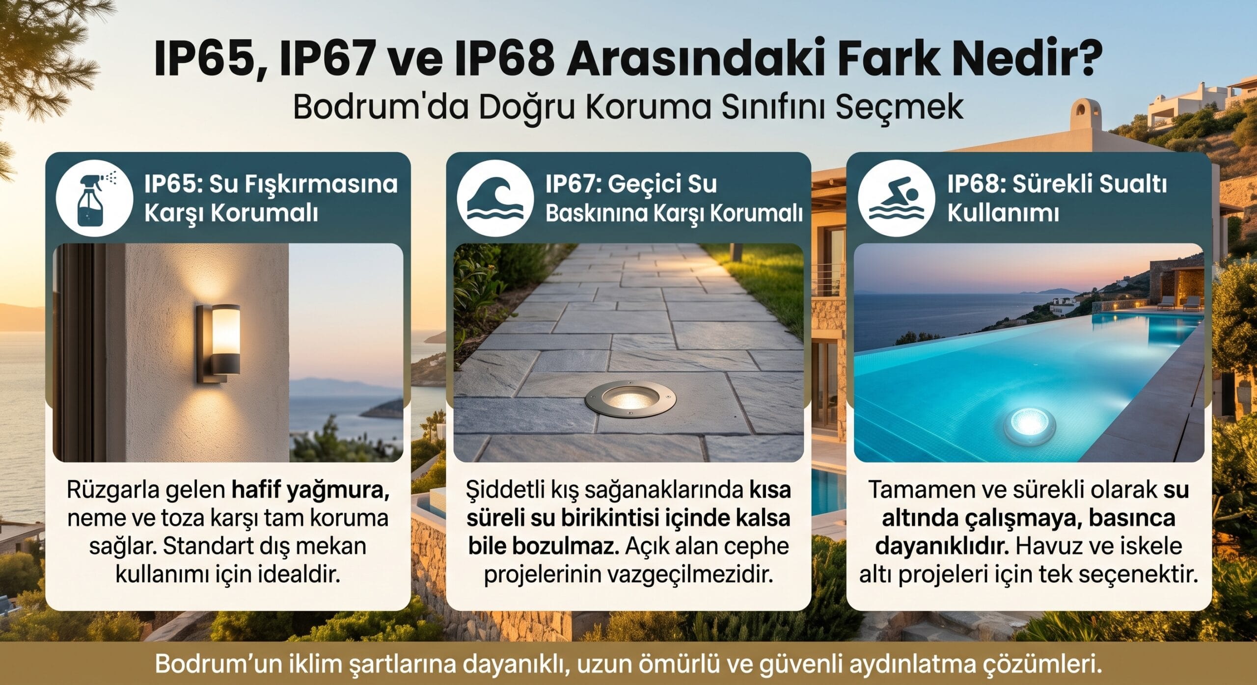 Villa bahçesinde, teras kenarında veya havuz içinde kullanılacak bir aydınlatma